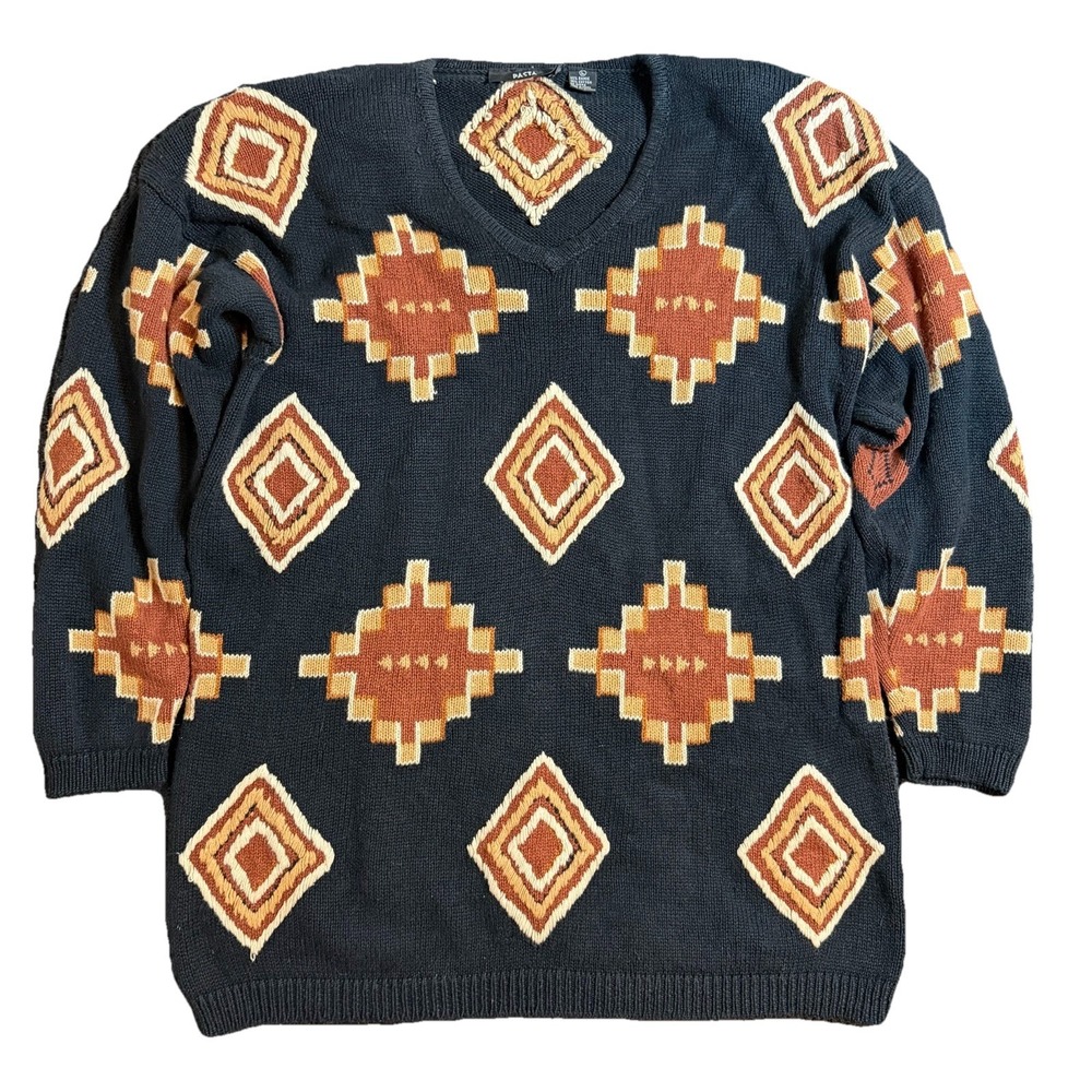 Vintage Pasta Pullover Sweater Women's Large Aztec Print 90's Colorful Cotton